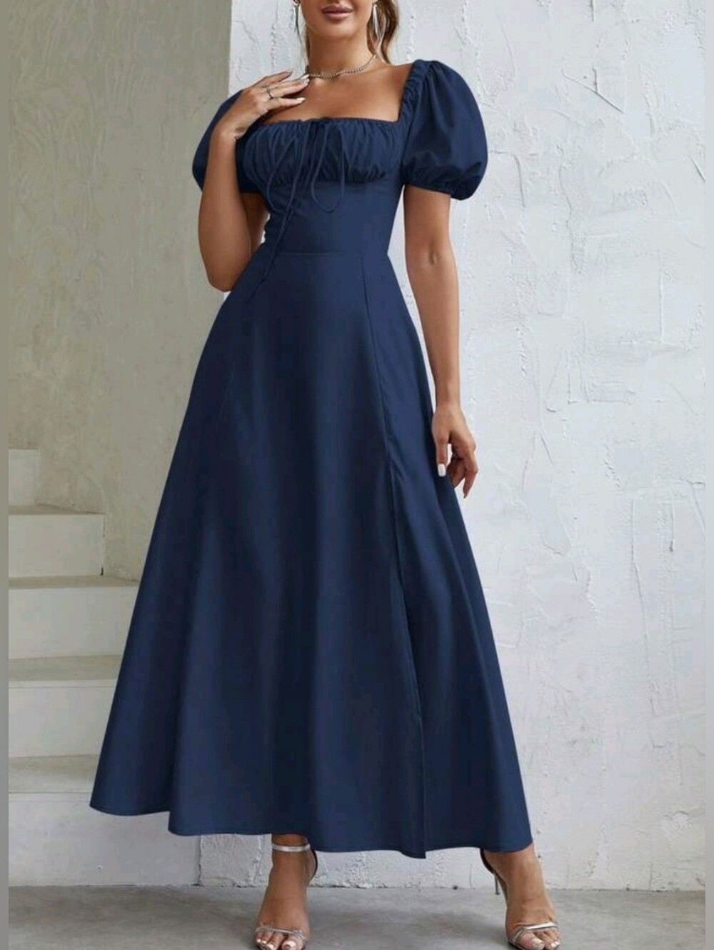 New Milkmaid Look Maxi Dress Tie Ruched Top Split Navy Blue